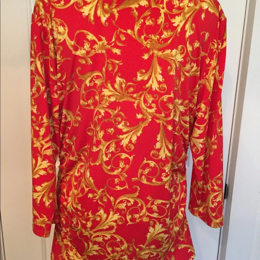 CARMEN MARC VALVO BLOUSE TOP RED GOLD GATHERS STRETCH size XL - Picture 5 of 6